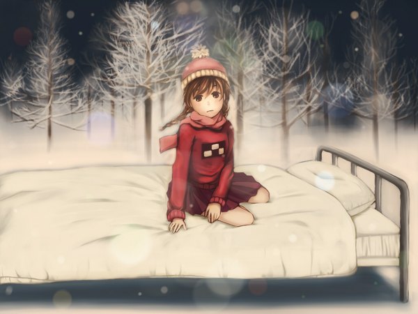 Anime picture 1024x768 with yume nikki madotsuki pitomi single long hair looking at viewer fringe brown hair sitting outdoors braid (braids) pleated skirt multicolored hair two-tone hair twin braids snowing winter snow bare tree girl