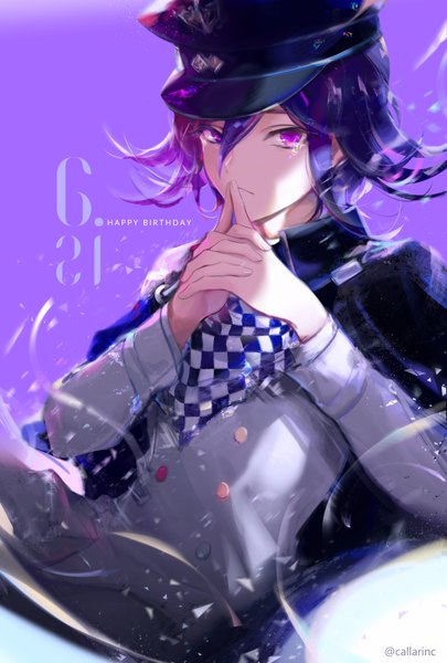 Anime picture 1181x1748 with dangan ronpa new danganronpa v3 ouma kokichi z-epto (chat-noir86) callarinc single tall image looking at viewer fringe short hair simple background hair between eyes sitting purple eyes signed purple hair twitter username tears dated happy birthday