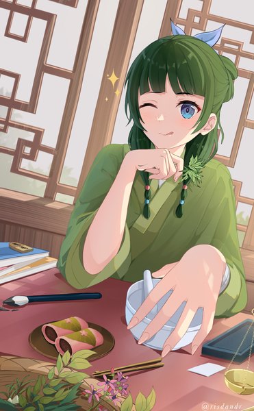 Anime picture 1267x2048 with kusuriya no hitorigoto maomao (kusuriya no hitorigoto) risdandr single long hair tall image blue eyes signed indoors traditional clothes one eye closed green hair twitter username girl plant (plants) food sweets tongue paintbrush wagashi