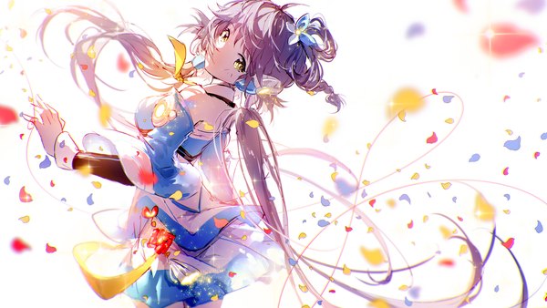 Anime picture 2000x1125 with vocaloid vocaloid china luo tianyi lengchan (fu626878068) single looking at viewer highres wide image standing white background twintails yellow eyes purple hair very long hair looking back sparkle low twintails girl detached sleeves petals