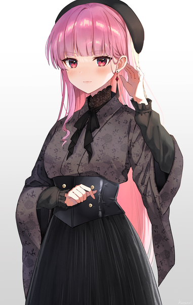 Anime picture 1300x2047 with virtual youtuber hololive hololive english mori calliope kura noi single long hair tall image blush fringe simple background white background pink hair blunt bangs pink eyes girl earrings beret corset