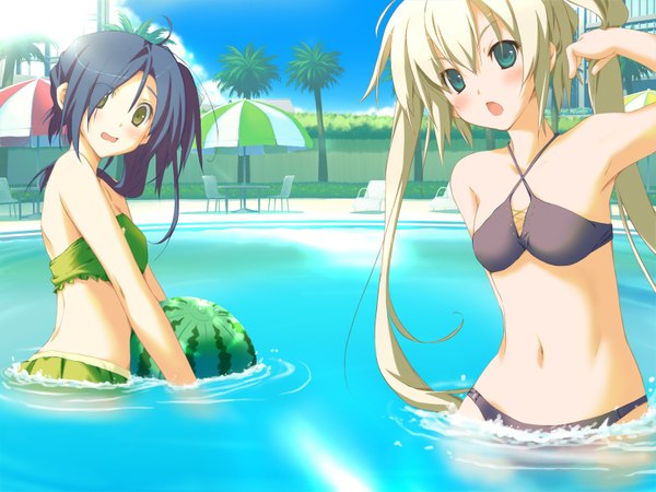 Anime picture 1600x1200 with happy margaret rindou saki nishinomiya shizuru kokonoka blush highres light erotic blonde hair twintails green eyes yellow eyes blue hair game cg ponytail side ponytail swimsuit bikini water food black bikini