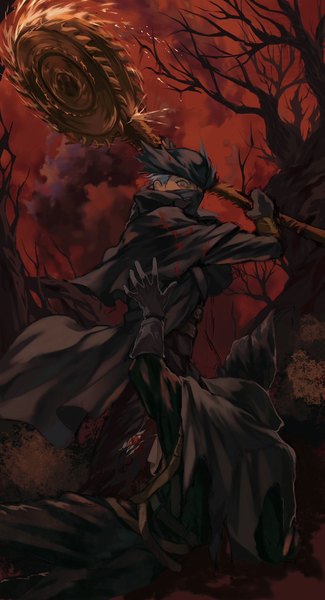 Anime picture 1108x2048 with bloodborne from software hunter (bloodborne) yujia0412 tall image short hair red eyes standing holding sky outdoors white hair arm up multiple boys bare tree red sky hat over eyes boy gloves weapon