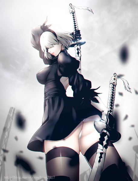 Anime picture 2150x2822 with nier nier:automata yorha no. 2 type b y.i. (lave2217) single tall image fringe highres short hair breasts light erotic holding ass parted lips arm up lips grey hair from below puffy sleeves hair over eyes