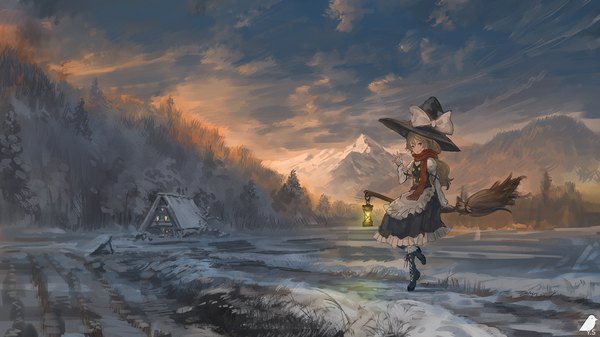 Anime picture 1200x675 with touhou kirisame marisa you shimizu single long hair looking at viewer fringe blue eyes blonde hair smile wide image signed sky cloud (clouds) full body outdoors long sleeves arm up puffy sleeves grin