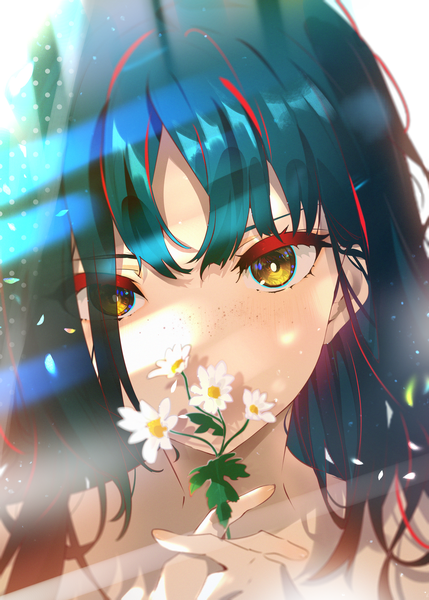 Anime picture 2591x3624 with original arutera single long hair tall image looking at viewer fringe highres hair between eyes bare shoulders holding yellow eyes blue hair upper body two-tone hair streaked hair portrait covered mouth hands clasped freckles