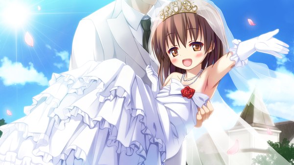 Anime picture 1024x576 with soshite kirameku otome to himitsu blush short hair open mouth brown hair wide image brown eyes game cg cloud (clouds) loli couple carrying wedding princess carry girl dress boy gloves petals wedding dress