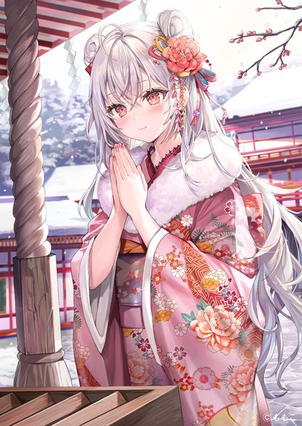 Anime picture 1542x2175 with original momoko (momopoco) single long hair tall image blush fringe smile hair between eyes red eyes standing signed looking away silver hair ahoge outdoors traditional clothes japanese clothes hair flower wide sleeves