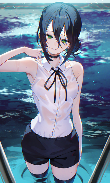 Anime picture 1504x2500 with chainsaw man mappa reze (chainsaw man) scottie (phantom2) single tall image looking at viewer fringe short hair black hair hair between eyes bare shoulders green eyes payot parted lips head tilt arm up sparkle hair bun (hair buns) zettai ryouiki