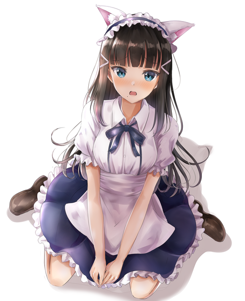 Anime picture 2508x3073 with love live! sunshine!! sunrise (studio) love live! kurosawa dia sin (sin52y) single long hair tall image looking at viewer blush fringe highres open mouth blue eyes black hair simple background white background sitting animal ears full body