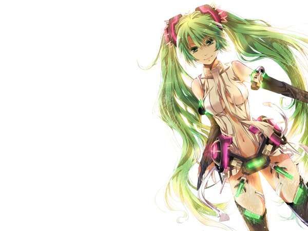 Anime picture 1332x1000 with vocaloid vocaloid append hatsune miku hatsune miku (append) mitsu yomogi single long hair simple background smile white background twintails green eyes green hair girl thighhighs navel detached sleeves necktie