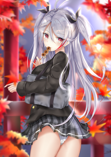 Anime picture 700x989 with azur lane prinz eugen (azur lane) zensai (pixiv 38204716) single long hair tall image looking at viewer blush fringe light erotic hair between eyes red eyes standing silver hair ahoge outdoors red hair looking back multicolored hair from behind