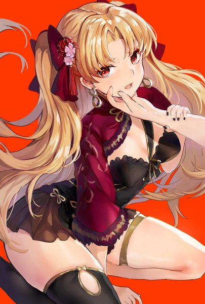 Anime picture 2700x4000 with fate (series) fate/grand order ereshkigal (fate) xiamu weiba long hair tall image looking at viewer fringe highres breasts open mouth light erotic simple background blonde hair red eyes sitting cleavage nipples bent knee (knees) nail polish