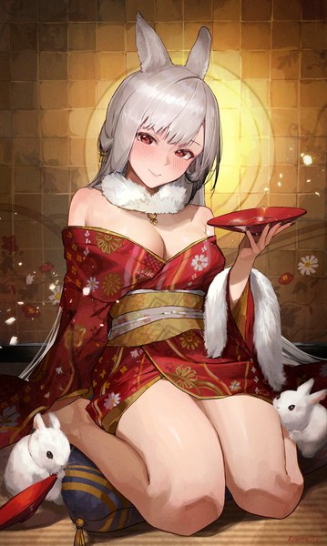 Anime picture 2508x4193 with original sooon single long hair tall image looking at viewer blush highres breasts light erotic red eyes large breasts sitting animal ears silver hair traditional clothes japanese clothes bunny ears wariza new year
