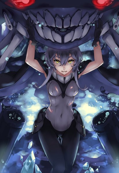 Anime picture 1512x2200 with kantai collection wo-class aircraft carrier mitu single long hair tall image looking at viewer breasts open mouth light erotic yellow eyes grey hair teeth covered navel glowing glowing eye (eyes) shinkaisei-kan girl gloves weapon