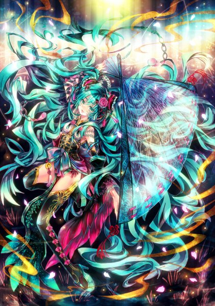 Anime picture 1000x1420 with vocaloid hatsune miku shigaraki (strobe blue) single tall image looking at viewer fringe breasts twintails holding very long hair hair flower aqua eyes lips aqua hair wide sleeves high heels alternate costume wavy hair glow