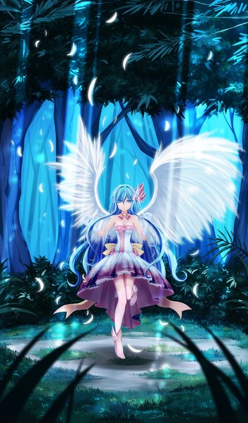 Anime picture 2631x4471 with original helther single long hair tall image highres blue eyes blue hair light smile angel wings girl thighhighs dress plant (plants) white thighhighs wings tree (trees) feather (feathers)