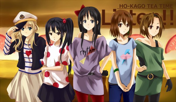 Anime picture 1600x926 with k-on! kyoto animation akiyama mio hirasawa yui nakano azusa long hair short hair blue eyes black hair blonde hair brown hair wide image multiple girls brown eyes girl skirt gloves bow hair bow hat