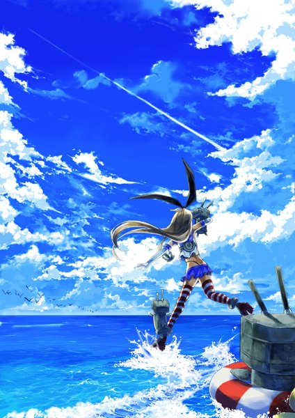 Anime picture 800x1131 with kantai collection shimakaze destroyer rensouhou-chan sorano eika single long hair tall image blonde hair sky cloud (clouds) zettai ryouiki scenic running > < girl thighhighs skirt gloves underwear panties