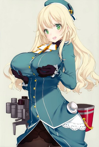 Anime picture 1457x2167 with kantai collection atago heavy cruiser oyari ashito single long hair tall image looking at viewer blush highres breasts open mouth light erotic simple background blonde hair smile large breasts green eyes breast hold girl gloves