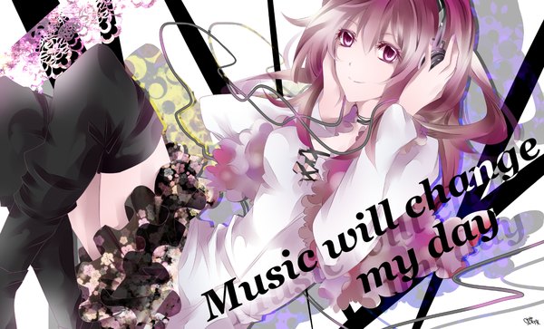 Anime picture 1300x787 with vocaloid megurine luka tyouya single long hair smile wide image pink hair pink eyes inscription girl thighhighs dress black thighhighs headphones
