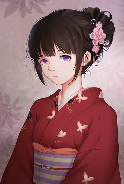 Anime-Bild 750x1109 mit hyouka kyoto animation chitanda eru minhoo single tall image looking at viewer black hair purple eyes traditional clothes japanese clothes alternate hairstyle animal print hair up butterfly print girl hair ornament kimono obi kanzashi