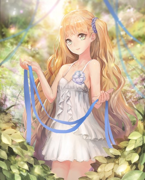 Anime picture 1000x1243 with original meto31 single long hair tall image looking at viewer blue eyes blonde hair one side up girl dress ribbon (ribbons) leaf (leaves) sundress
