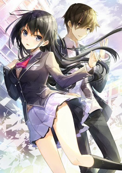 Anime picture 742x1050 with original mirai shousetsu arcana fuumi (radial engine) long hair tall image looking at viewer blush fringe short hair open mouth black hair brown hair brown eyes sky long sleeves pleated skirt wind black eyes hand on chest girl
