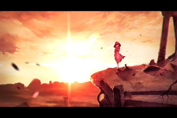 Anime picture 1800x1200 with bemani arcanos sunakumo looking at viewer highres standing yellow eyes sky cloud (clouds) barefoot sunlight bare legs no shoes sunbeam ruins rock girl animal hood cape