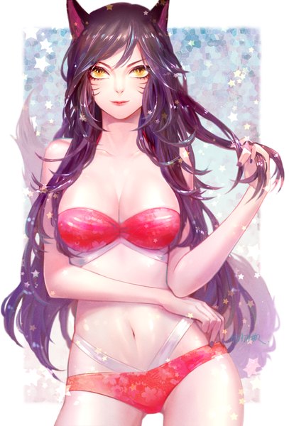 Anime picture 820x1209 with league of legends ahri (league of legends) heather37 single long hair tall image looking at viewer fringe breasts light erotic large breasts standing animal ears yellow eyes purple hair tail nail polish animal tail fingernails lips