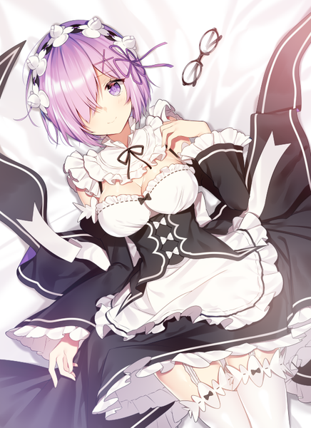 Anime picture 600x824 with fate (series) fate/grand order re:zero kara hajimeru isekai seikatsu white fox mash kyrielight necomi (gussan) single tall image looking at viewer fringe short hair breasts smile purple eyes pink hair lying hair over one eye wide sleeves maid on back