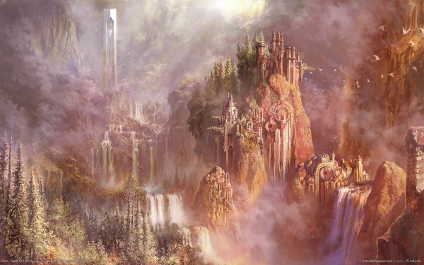 Anime picture 1920x1200 with aion highres wide image landscape scenic waterfall fog animal tree (trees) water bird (birds) forest castle