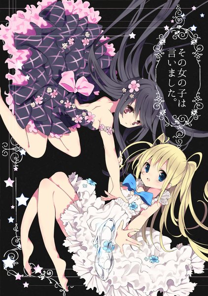 Anime picture 773x1100 with original rugo long hair tall image blush open mouth blue eyes black hair blonde hair red eyes twintails multiple girls barefoot high heels girl flower (flowers) ribbon (ribbons) 2 girls star (symbol)