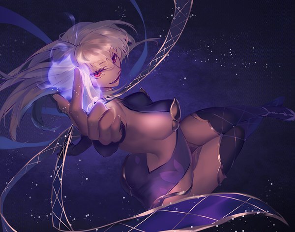 Anime picture 1181x927 with fate (series) fate/grand order kama (fate) mizukai single long hair looking at viewer fringe breasts light erotic blonde hair hair between eyes red eyes large breasts arm up from above sideboob back dark skin bare back