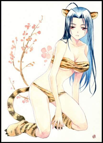 Anime picture 700x973 with idolmaster miura azusa agahari single long hair tall image looking at viewer breasts light erotic simple background red eyes large breasts white background blue hair ahoge kneeling cherry blossoms traditional media watercolor (medium) girl