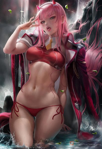 Anime picture 2395x3500 with darling in the franxx studio trigger zero two (darling in the franxx) sakimichan single long hair tall image looking at viewer blush fringe highres breasts open mouth light erotic green eyes payot pink hair outdoors horn (horns) wind