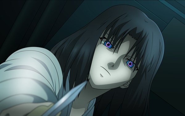 Anime picture 1680x1050 with kara no kyoukai type-moon ryougi shiki wide image demon eyes knife