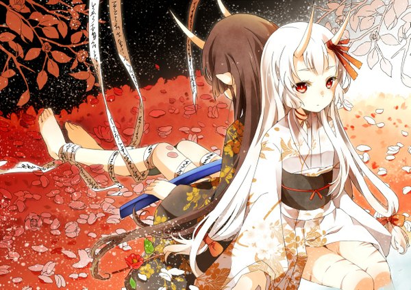 Anime picture 1227x867 with original mashiro aa long hair looking at viewer fringe black hair blonde hair red eyes sitting multiple girls holding traditional clothes japanese clothes barefoot horn (horns) oni horns back to back girl flower (flowers) bow