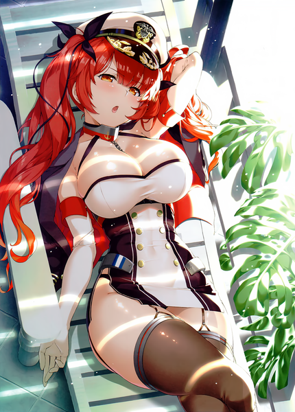 Anime picture 1230x1715 with azur lane honolulu (azur lane) hyouju issei (artist) single long hair tall image looking at viewer blush fringe breasts open mouth light erotic hair between eyes red eyes large breasts twintails cleavage red hair head tilt from above