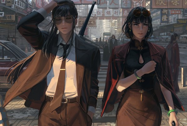 Anime-Bild 5000x3372 mit original guweiz long hair fringe highres short hair black hair standing multiple girls holding green eyes payot looking away absurdres upper body outdoors blunt bangs eyes closed traditional clothes arm up