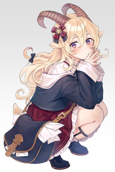 Anime picture 1185x1767 with original emisk single long hair tall image looking at viewer blush fringe simple background blonde hair hair between eyes purple eyes animal ears long sleeves horn (horns) grey background wide sleeves squat frilly skirt hands clasped