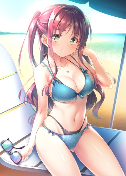 Anime picture 858x1200 with original yuurei yashiki single long hair tall image looking at viewer blush fringe breasts light erotic sitting green eyes payot cleavage purple hair outdoors light smile beach one side up adjusting hair