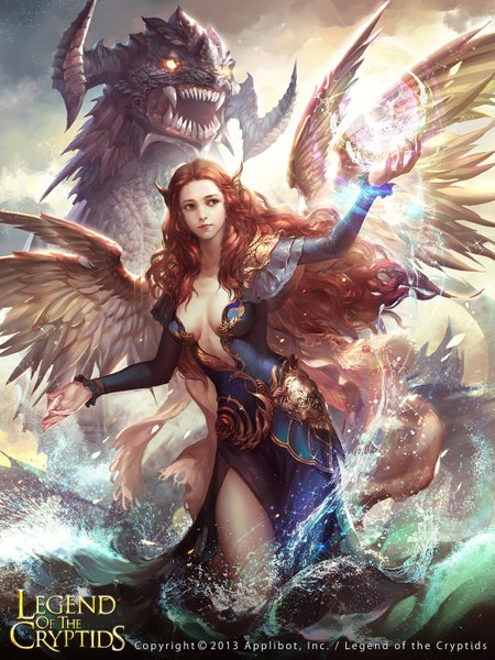 Anime picture 1100x1467 with legend of the cryptids shitsu soku k long hair tall image brown hair brown eyes looking away cleavage inscription magic wavy hair spread arms girl dress wings water monster