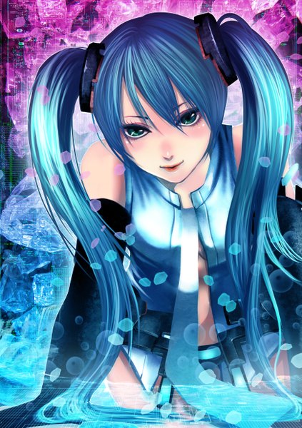 Anime picture 1748x2480 with vocaloid hatsune miku tall image highres twintails green eyes blue hair girl gloves