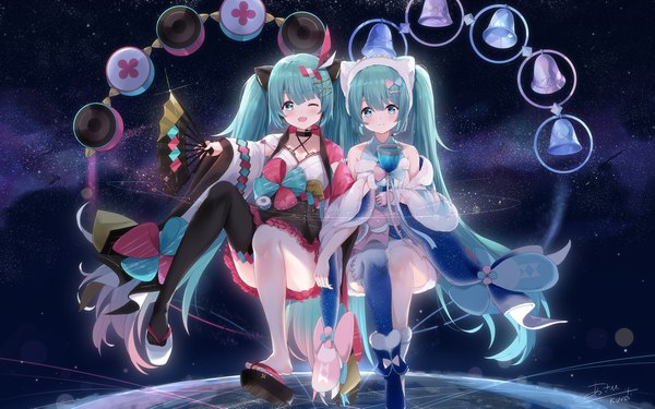 Anime picture 2039x1275 with vocaloid magical mirai (vocaloid) hatsune miku magical mirai miku magical mirai miku (2020 summer) magical mirai miku (2020 winter) asahi kuroi looking at viewer blush fringe highres open mouth smile hair between eyes twintails bare shoulders multiple girls holding signed full body