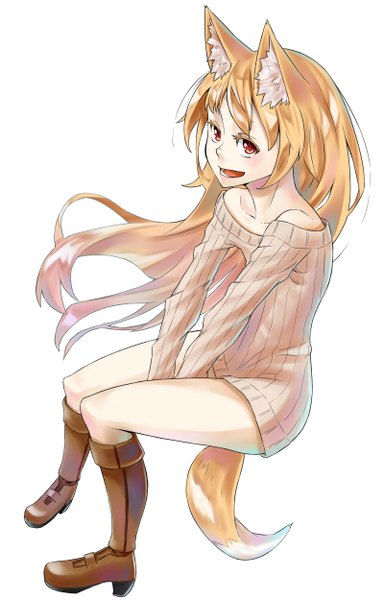 Anime picture 800x1250 with original jaco single long hair tall image looking at viewer open mouth simple background red eyes white background sitting bare shoulders animal ears tail animal tail from above orange hair fox ears fox tail fox girl