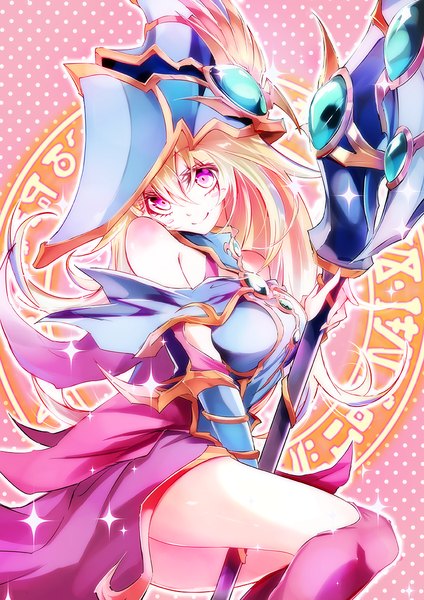 Anime picture 800x1131 with yu-gi-oh! dark magician girl pkk single long hair tall image looking at viewer blush blonde hair smile bare shoulders pink eyes magic pink background polka dot polka dot background girl dress hat knee boots