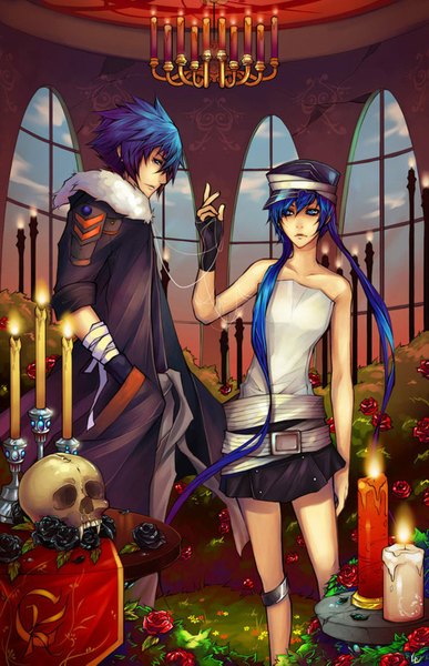 Anime picture 1024x1585 with original unodu long hair tall image looking at viewer fringe short hair twintails bare shoulders blue hair looking away very long hair profile couple girl boy skirt flower (flowers) plant (plants) hat