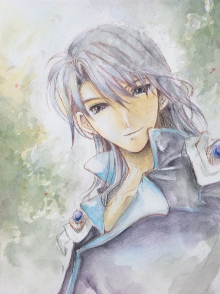 Anime picture 900x1200 with bishoujo senshi sailor moon toei animation kunzite (sailor moon) sana (artist) single long hair tall image looking at viewer smile purple eyes grey hair from below portrait traditional media watercolor (medium) boy