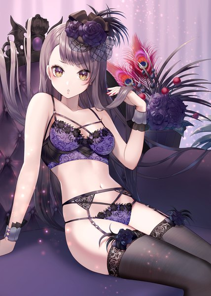 Anime picture 713x1000 with original momoshiki tsubaki single tall image looking at viewer blush fringe breasts light erotic brown hair sitting bare shoulders brown eyes indoors very long hair nail polish parted lips hair flower fingernails arm support
